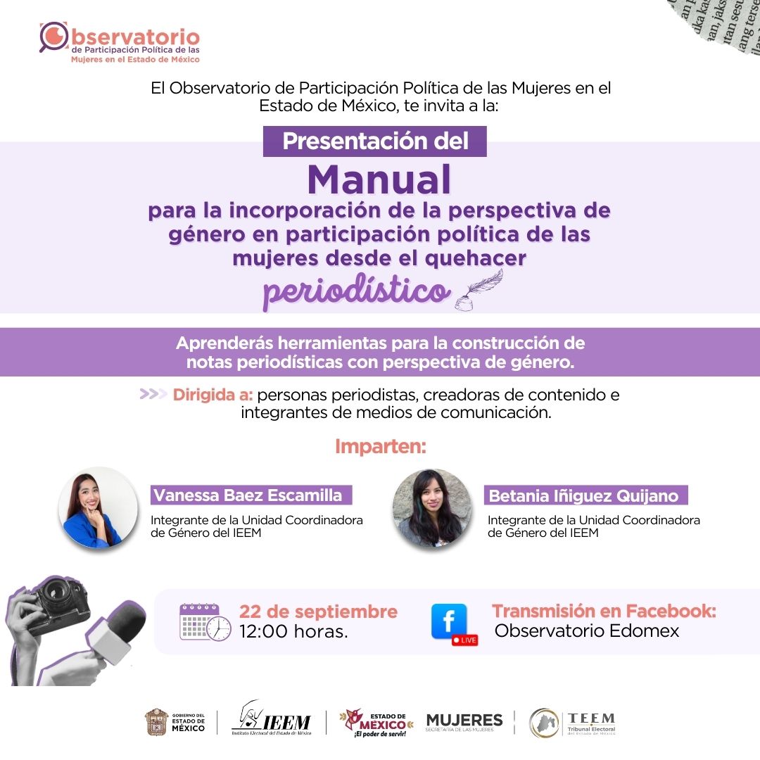 ¿Quieres aprender a realizar coberturas informativas con perspectiva de género?📝

No te pierdas la Presentación del "Manual para la incorporación de la perspectiva de género en participación política de las mujeres desde el quehacer periodístico".

¡Sigue la transmisión en vivo!