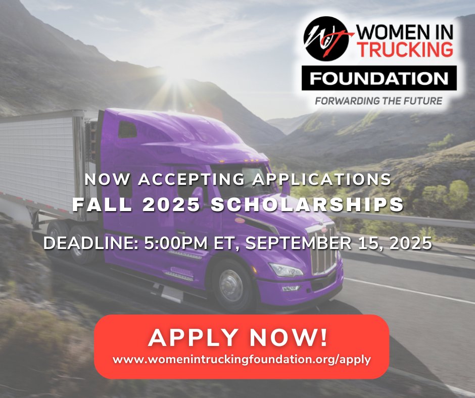 Ready to advance your career in trucking? Apply for the Women In Trucking Foundation scholarship to receive the financial support you need to grow your skills and training. Don't miss out—apply by September 15! womenintruckingfoundation.org/apply

#WomenInTrucking #ForwardingTheFuture