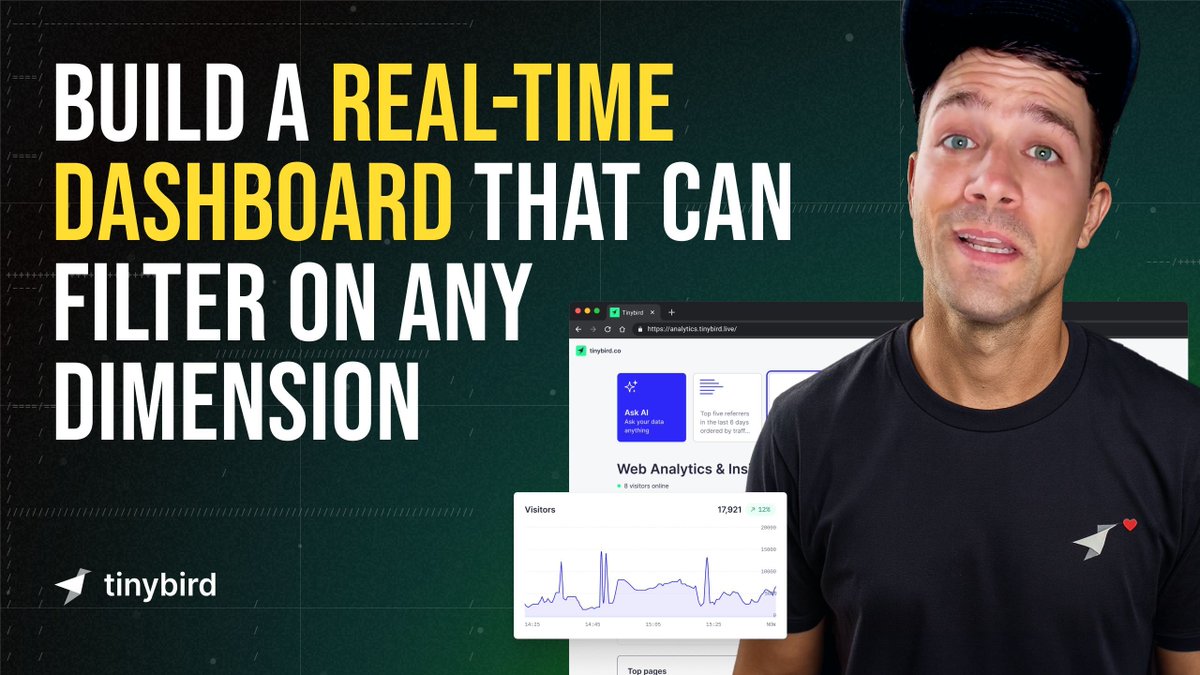 This Wednesday on Tinybird Builds...

Build a real-time dashboard that can filter on any dimension.

<a href="/_iamperegrine_/">Cameron Archer</a> will extend our popular Web Analytics Start Kit with click-to-filter functionality, enabling real-time dashboards that filter on any dimension (or any combination