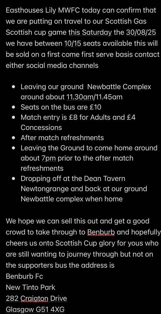 🚌 SUPPORTERS INFORMATION 🚌 

Below is the supporter information about our tie away to <a href="/BenburbFc/">Benburb FC</a> in the <a href="/ScottishCup/">Scottish Gas Scottish Cup</a> this Saturday 

Come on the Lily 🏠🇦🇹
