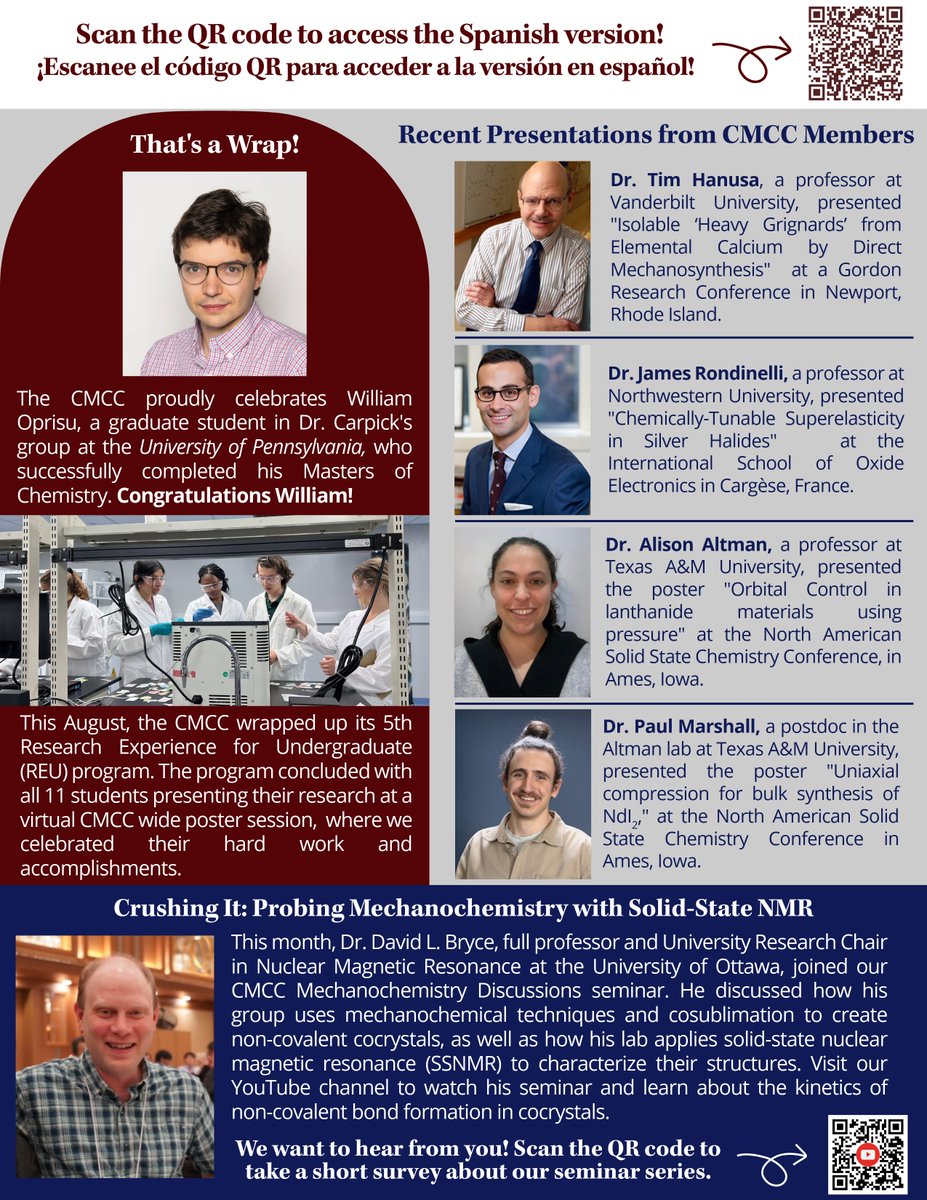 What’s new at the NSF CMCC this August?

📑 Two new publications in the Journal of the American Chemical Society
🎉 Rodney Amankwah, from the Speight group at William &amp; Mary, received a NOBCChE travel award

… and much more! Check out the newsletter below.👇

#Mechanochemistry