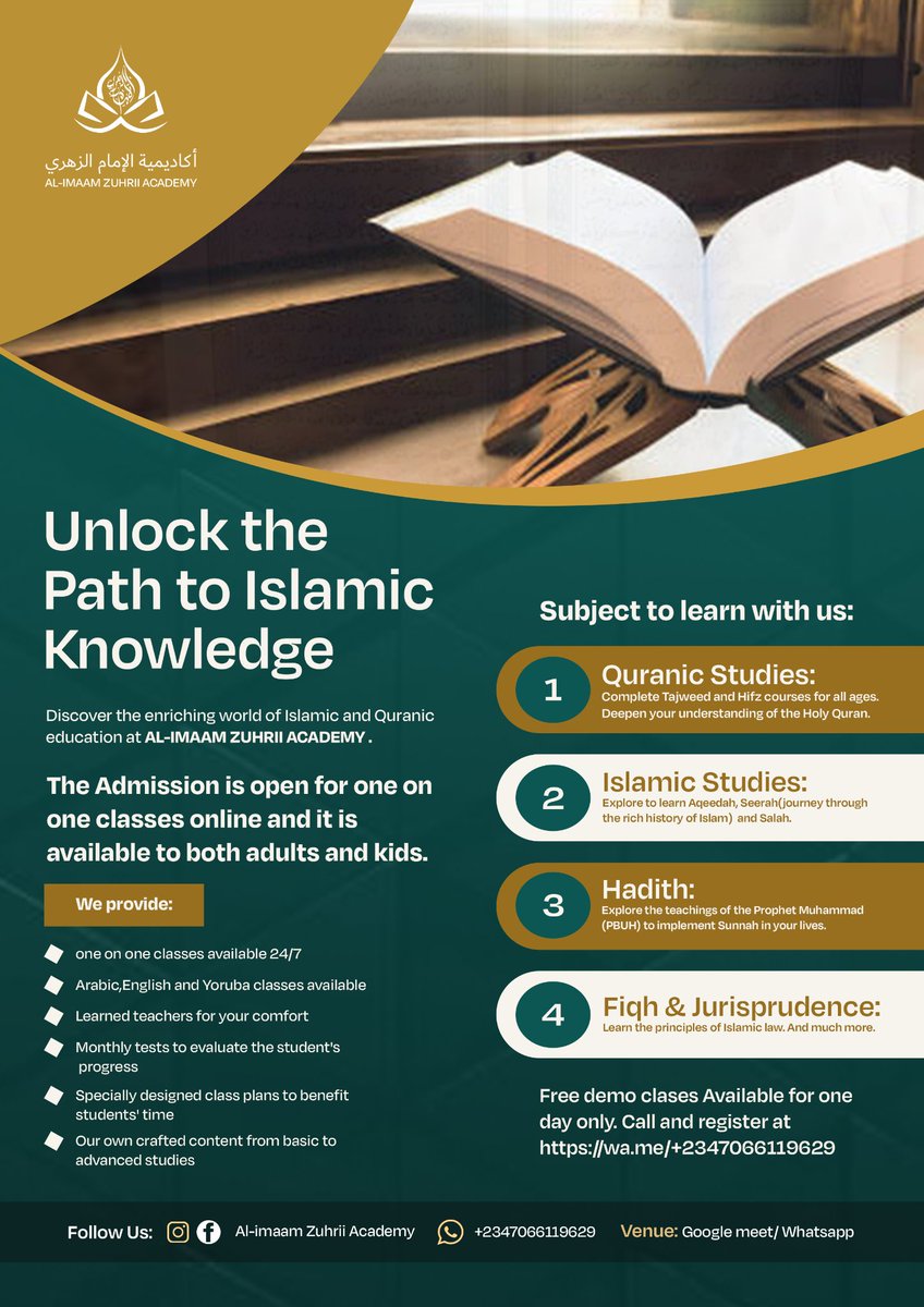 Welcome to Al-Imaam Zuhrii Academy (AZA) 
Your gateway to learning Qur’an, Arabic &amp; authentic Islamic knowledge -from the comfort of your home.

🎓 1-to-1 Online Classes (24/7)
🕌 Qur’an,Tajweed,Hifz,Aqeedah &amp; Seerah
wa.me/+2349039932417