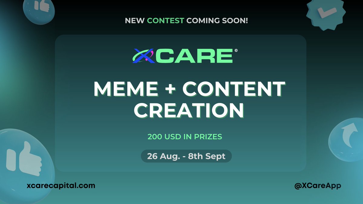 Your creativity = your ticket to rewards

We’ll be launching the XCARE Meme + Content Creation Contest to see who can spread our vision in the most engaging way possible.

💰 Prize Pool: $200 USDT
🏆 Top 3 win prizes
⏳ Contest runs for 2 weeks

✔ Memes, threads, videos —