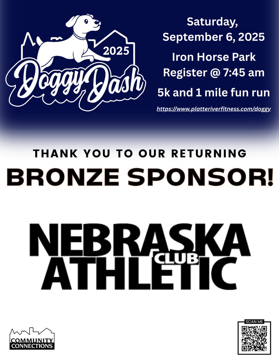 CommConnLC's tweet image. THANK YOU to Nebraska Athletic Club—a long-standing Bronze Sponsor of #DoggyDash2025 &amp;amp; a proud mentor with Community Connections!  Your commitment to health, wellness, &amp;amp; youth mentoring makes a lasting impact in LC.
Reg link in bio
 #platteriverfitnessseries #CommunityConnections