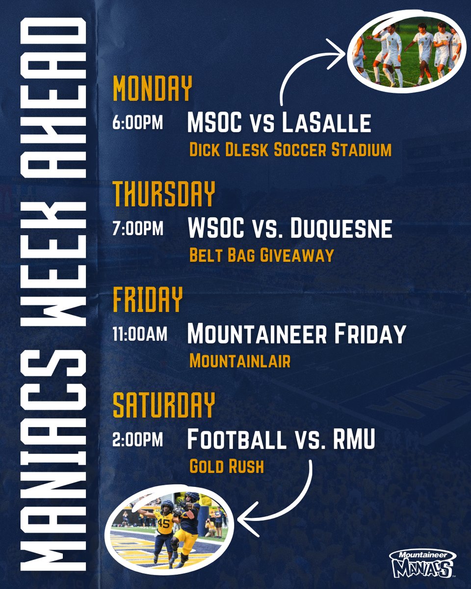 Mountaineer Maniacs (@wvumaniacs) on Twitter photo 🚨 MANIACS WEEK AHEAD 🚨
The first football game isn’t far — but there’s plenty going on before Saturday. Come out, get loud, and back the Mountaineers all week long! 🚨 MANIACS WEEK AHEAD 🚨
The first football game isn’t far — but there’s plenty going on before Saturday. Come out, get loud, and back the Mountaineers all week long!