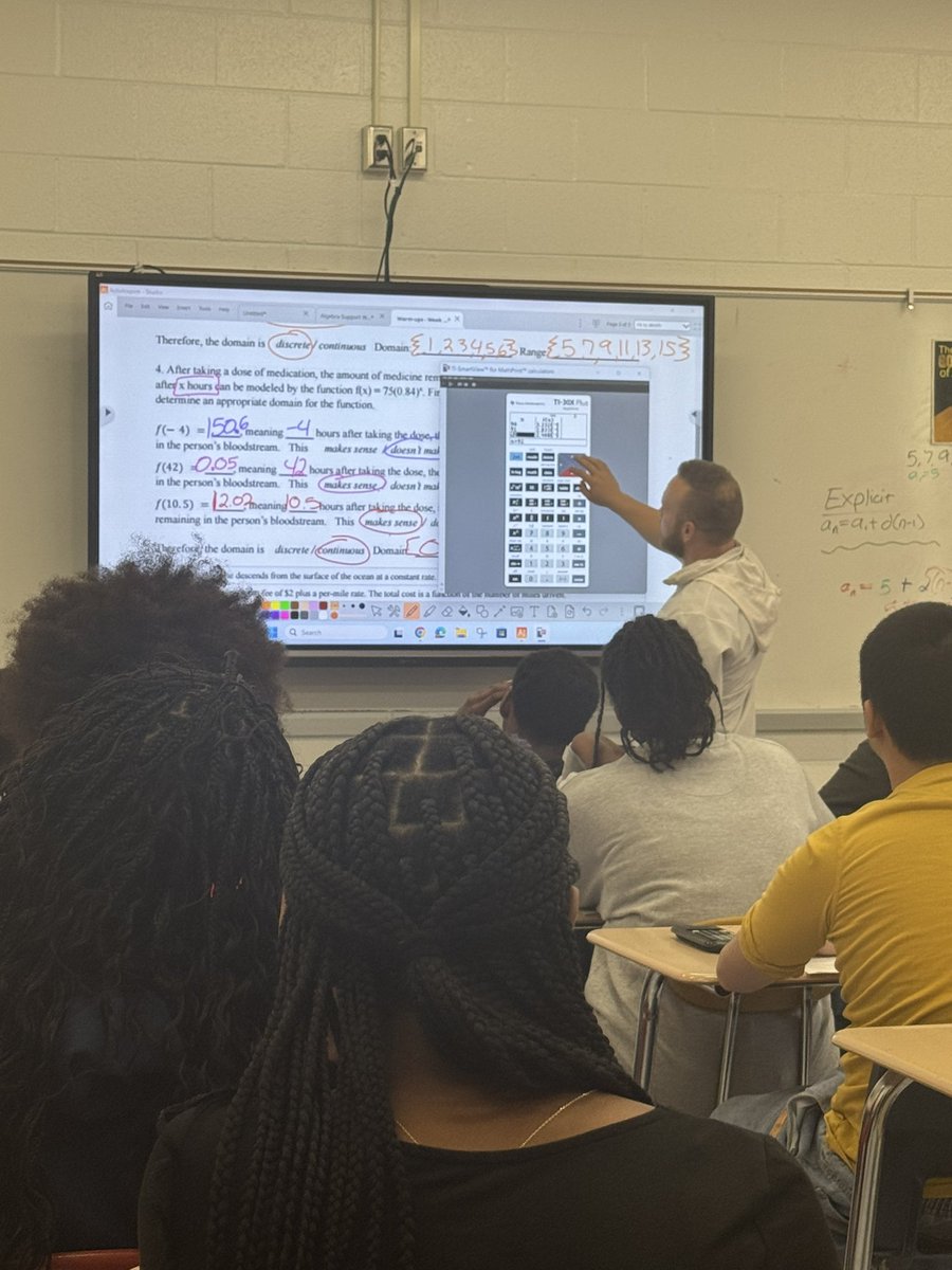 Modeling with 9th graders how to use the scientific calculator in Algebra as you put domain and range in context!! Discrete vs Continuous….hmm!!  Coach Heard is on fire today!! #algebra
