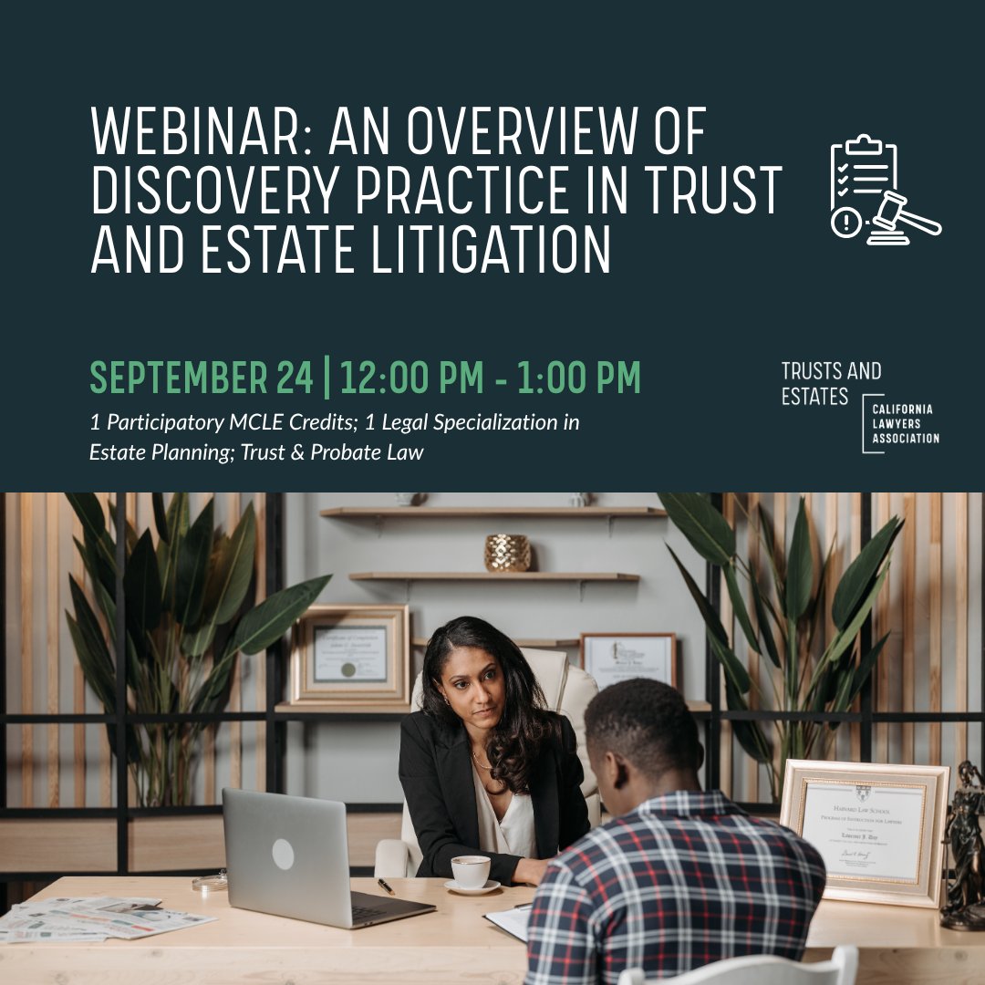 CLATrusts's tweet image. ⚖️ Discovery in trust &amp;amp; estate cases made simple!

Join Lily Harris, Evan Darwin Winet &amp;amp; Madeline Giles for their webinar: Discovery Practice in Trust &amp;amp; Estate Litigation.

📅 Sept 24 | 🕛 12–1 PM | 💼1 MCLE + 1 Legal Specialization Credit

🔗Register now: bit.ly/45wZjF1