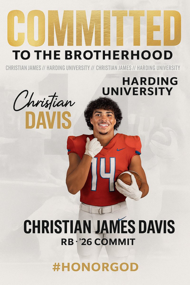 Christian Davis (@cj_davis14) on Twitter photo After a great conversation with Coach Simmons, I am blessed to have received an offer from Harding University, and I have committed to becoming part of the Brotherhood!
#HUBisons • #HonorGod • #CodeBlack
<a href="/PaulSimmonsHU/">Paul Simmons</a> <a href="/MattUnderwoodHU/">Matt Underwood</a> <a href="/Coach_Blank/">Sam Blankenship</a> <a href="/CoachFrancis_HU/">Will Francis</a> <a href="/KChism_/">Kevin Chism</a> After a great conversation with Coach Simmons, I am blessed to have received an offer from Harding University, and I have committed to becoming part of the Brotherhood!
#HUBisons • #HonorGod • #CodeBlack
<a href="/PaulSimmonsHU/">Paul Simmons</a> <a href="/MattUnderwoodHU/">Matt Underwood</a> <a href="/Coach_Blank/">Sam Blankenship</a> <a href="/CoachFrancis_HU/">Will Francis</a> <a href="/KChism_/">Kevin Chism</a>