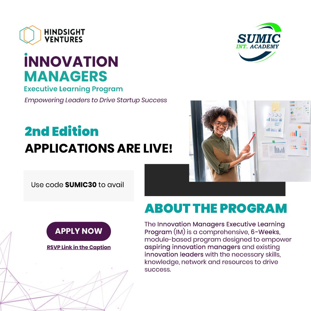 Sumic Group (@sumicgroup) on Twitter photo 48 Days To Go #IMELP | <a href="/HSV_Africa/">Hindsight Ventures</a> X <a href="/SumicIntAcademy/">Sumic International Academy</a>
⏺️ Join the Future of Innovation Leadership - IMELP 2.0
The 2nd Edition of the Innovation Managers Executive Learning Program is getting closer (Oct 13–Nov 26, 2025)
BENEFITS: ⬇️
✅ Skill development
✅ Career advancement 48 Days To Go #IMELP | <a href="/HSV_Africa/">Hindsight Ventures</a> X <a href="/SumicIntAcademy/">Sumic International Academy</a>
⏺️ Join the Future of Innovation Leadership - IMELP 2.0
The 2nd Edition of the Innovation Managers Executive Learning Program is getting closer (Oct 13–Nov 26, 2025)
BENEFITS: ⬇️
✅ Skill development
✅ Career advancement