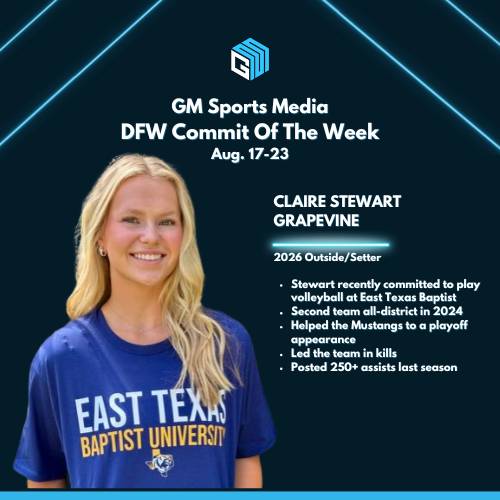 GM Sports Media
DFW Commit Of The Week
Aug. 17-23

CLAIRE STEWART | GRAPEVINE

⭐️Stewart recently committed to play volleyball at East Texas Baptist
⭐️Second team all-district in 2024
⭐️Helped the Mustangs to a playoff appearance
⭐️Led the team in kills
⭐️Posted 250+ assists last