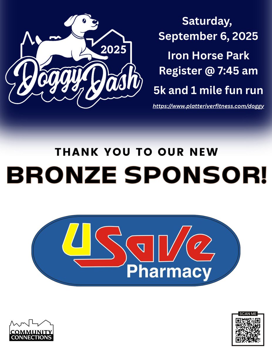 CommConnLC's tweet image. Thank you to U Save Pharmacy of North Platte, a new Bronze Sponsor for #DoggyDash2025! Their commitment to community health + medication safety supports mentoring &amp;amp; substance abuse prevention in Lincoln County.
Register link in bio
#platteriverfitnessseries #CommunityConnections