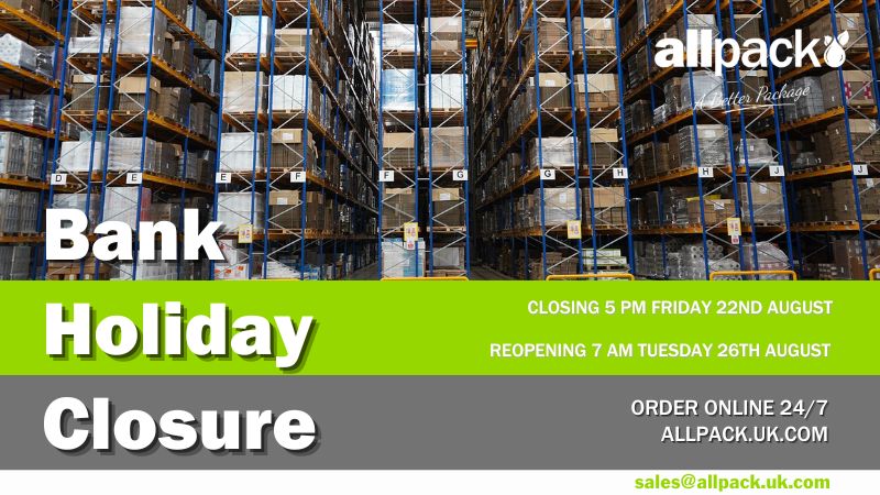 📢 Our offices are back open tomorrow!

Can't wait until then?

📦 You can continue to place orders online 24/7 via our website: hubs.ly/Q03FgLMr0

#Allpack #BankHoliday #CustomerNotice #PackagingSolutions