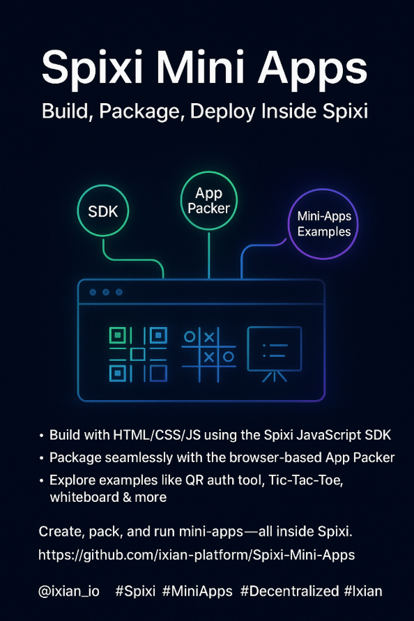 zubanovas's tweet photo. π Spixi Mini Apps β dApps inside your chat!
β’ Build with HTML/CSS/JS + SDK
β’ Pack easily with App Packer
β’ Try QR auth, Tic-Tac-Toe, whiteboard & more
π https://t.co/IM3dnNdWNe
@ixian_io #Spixi #MiniApps #Ixian https://t.co/7WAyk6aftb
