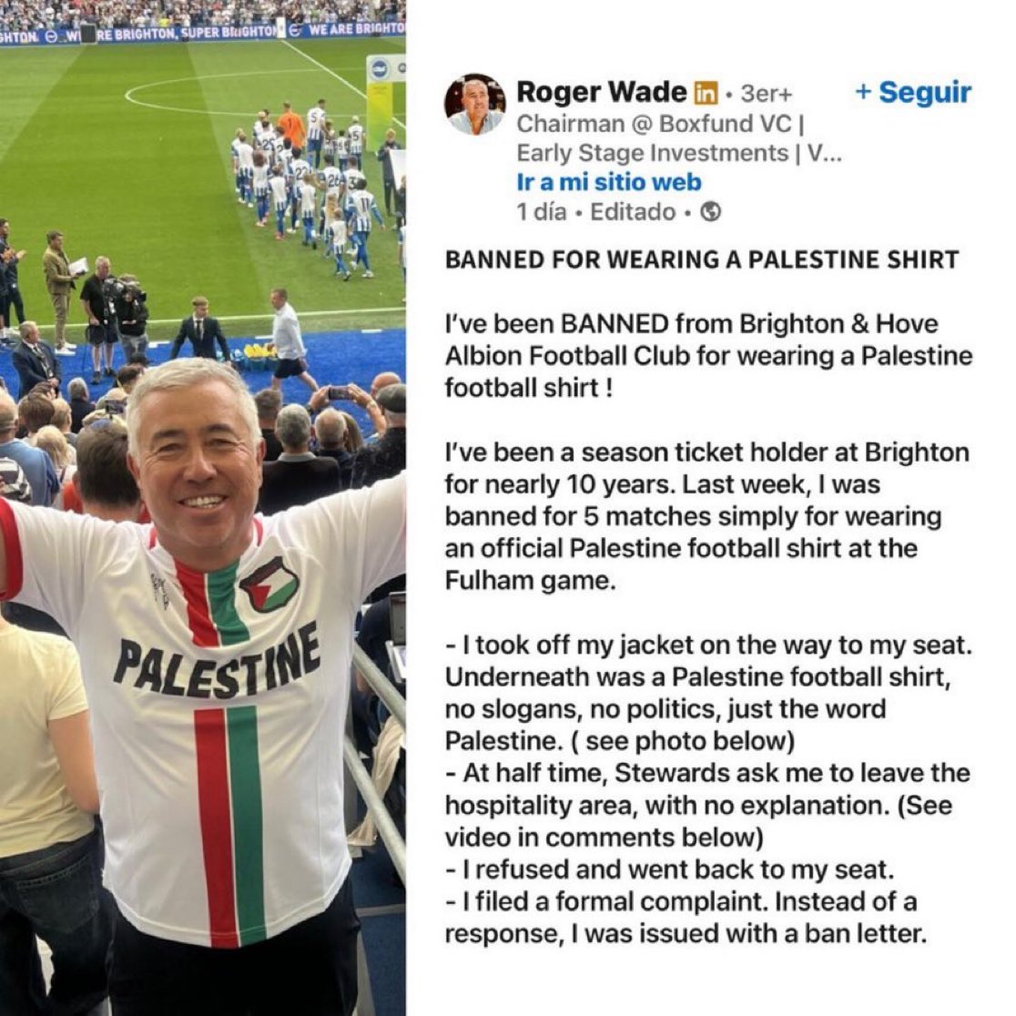 Roger Wade, supporter de Brighton, est suspendu du club pendant 5 MATCHS. 😨

La raison ? Il a porté un maillot palestinien. 🇵🇸

Le club lui a ensuite adressé une lettre de suspension.

𝗙𝗥𝗘𝗘 𝗣𝗔𝗟𝗘𝗦𝗧𝗜𝗡𝗘. 🇵🇸👏

🗞️ <a href="/leylahamed/">Leyla Hamed</a>