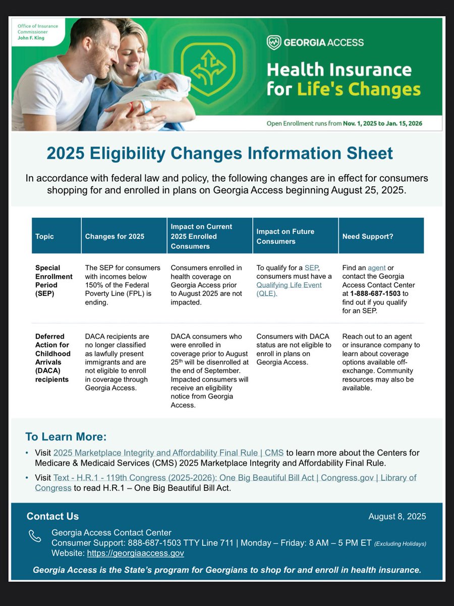 ColgaNavigator's tweet image. In accordance with federal law and policy, the following changes are in effect beginning August 2025 for consumers shopping for and enrolled in plans on Georgia Access.
Contact Ashlee at (404) 290-1937 for assistance.