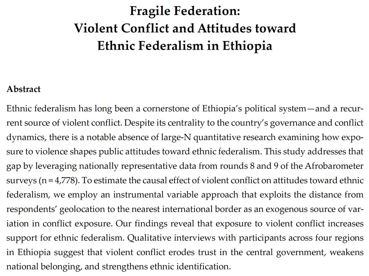 Working Paper: In this study, with Samuel Zewdie Hagos, we find that violence increases support for ethnic federalism in Ethiopia, particularly among majority ethnic groups [Link below].
pure.giga-hamburg.de/ws/files/54034…