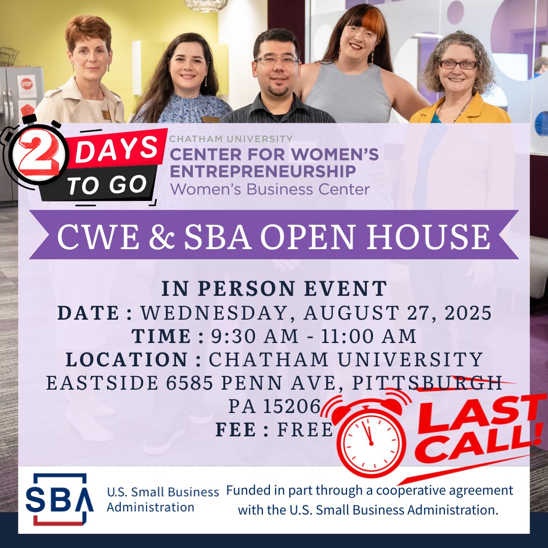 Last Call 📣 Join CWE this Wednesday for our Open House with the U.S. Small Business Administration Pittsburgh District Office. Learn about free business counseling, resources, training, and more. Don’t miss out, register today: chatham.edu/cwe/events/det…