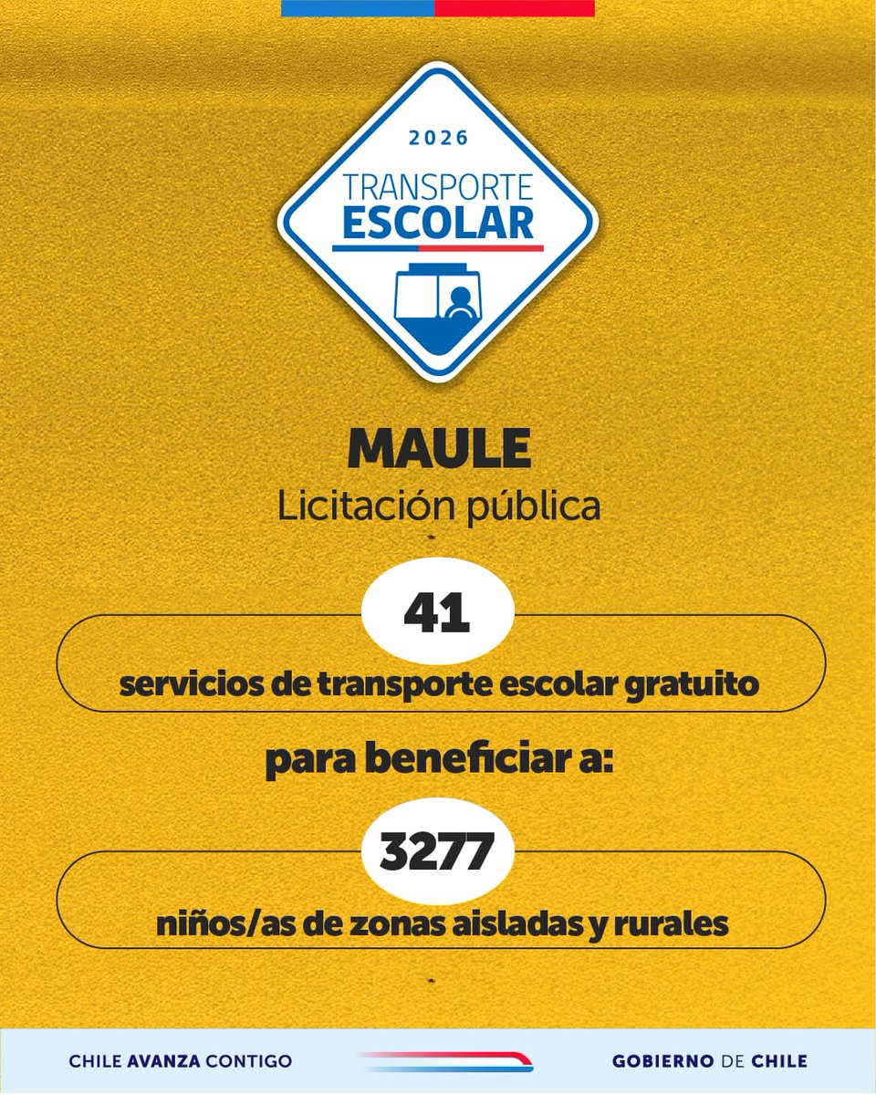 ¿Eres operador/a de transporte escolar🚸? 

Abrimos la licitación 2026 de 41 servicios gratuitos 🚍 que conectarán con sus colegios y liceos a 3.277 estudiantes de localidades aisladas y rurales del #Maule.

Postula en: dtpr.mtt.gob.cl/ConsultaLicita…