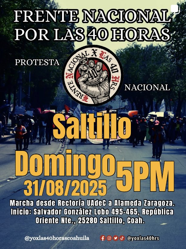 #LuchasEnAgenda | Domingo, 31 de agosto | Varios estados

El Frente <a href="/YoXLas40Horas2/">YoPorLas40Horas</a> realizará movilizaciones en varios estados en exigencia de reducción de la jornada laboral de 48 a 40 horas diarias, ante el próximo inicio de sesiones en el Congreso <a href="/Mx_Diputados/">H. Cámara de Diputados</a>
