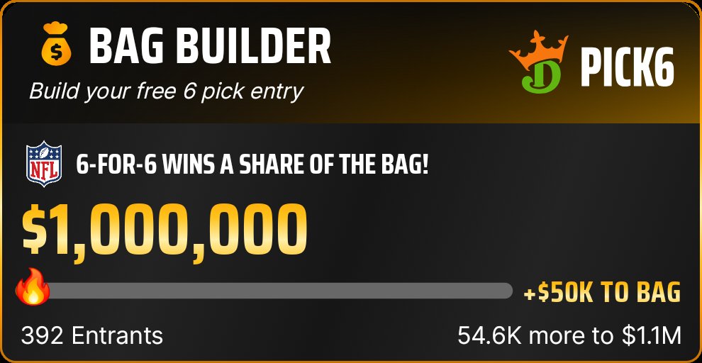 I just entered the Pick6 Bag Builder! Opt-in and enter for your free shot to split the $1,000,000 bag! pick6.draftkings.com/s/alexanderb/6…
