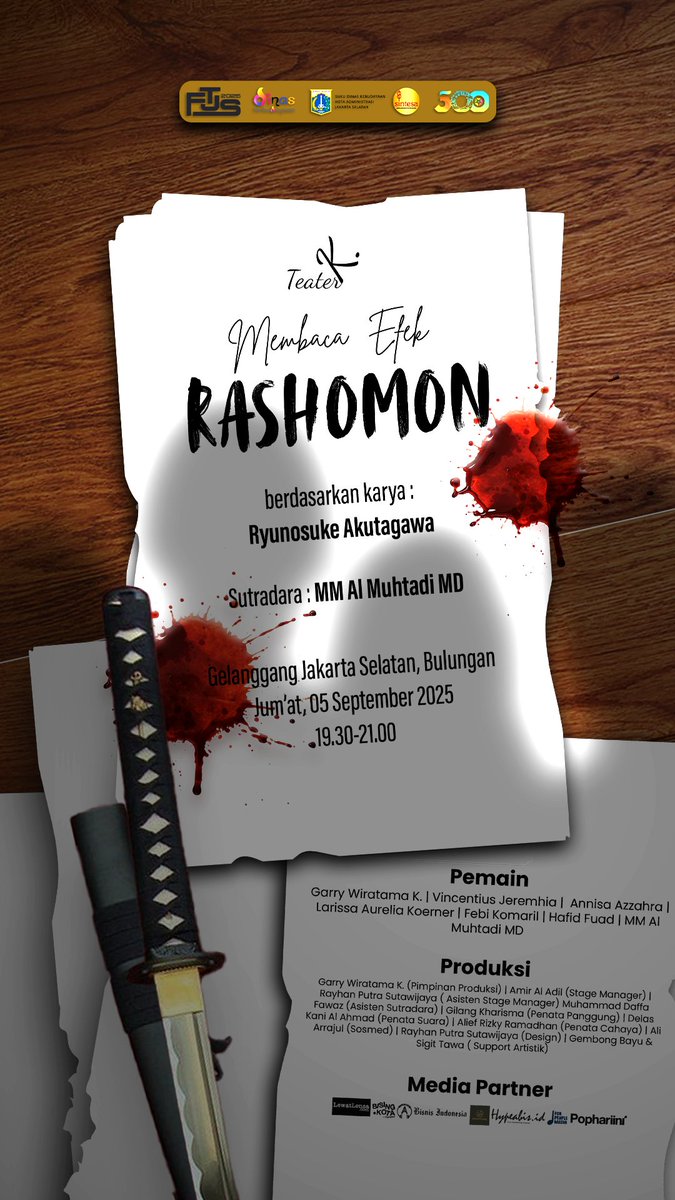 Kalau mau lihat saya main pedang-pedangan dan dibunuh-bunuhan. Yuk, nonton [Membaca Efek] RASHOMON oleh <a href="/teater_k_/">Teater K.</a>

Jumat, 5 September 2025, 19.30-21.00
Gelanggang Jakarta Selatan, Bulungan

bit.ly/MembacaEfekRas…