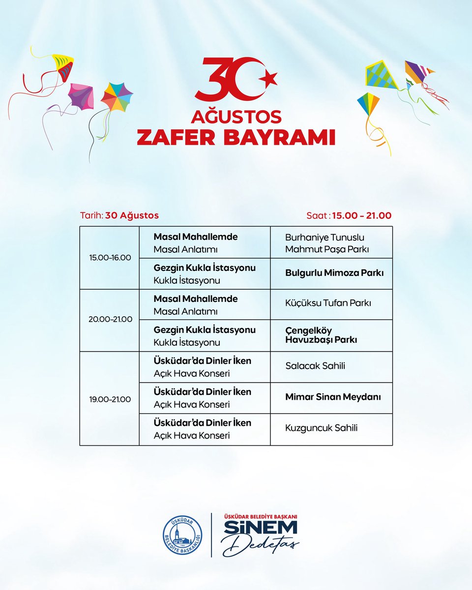 30 Ağustos Zafer Bayramı Coşkusu Üsküdar’da! 🇹🇷 

Üsküdar Belediyesi olarak 30 Ağustos Zafer Bayramı’nı, gün boyu sürecek etkinliklerle hep birlikte kutluyoruz. 🎈

Bayramı coşkusu mahallelerimize yayılacak.