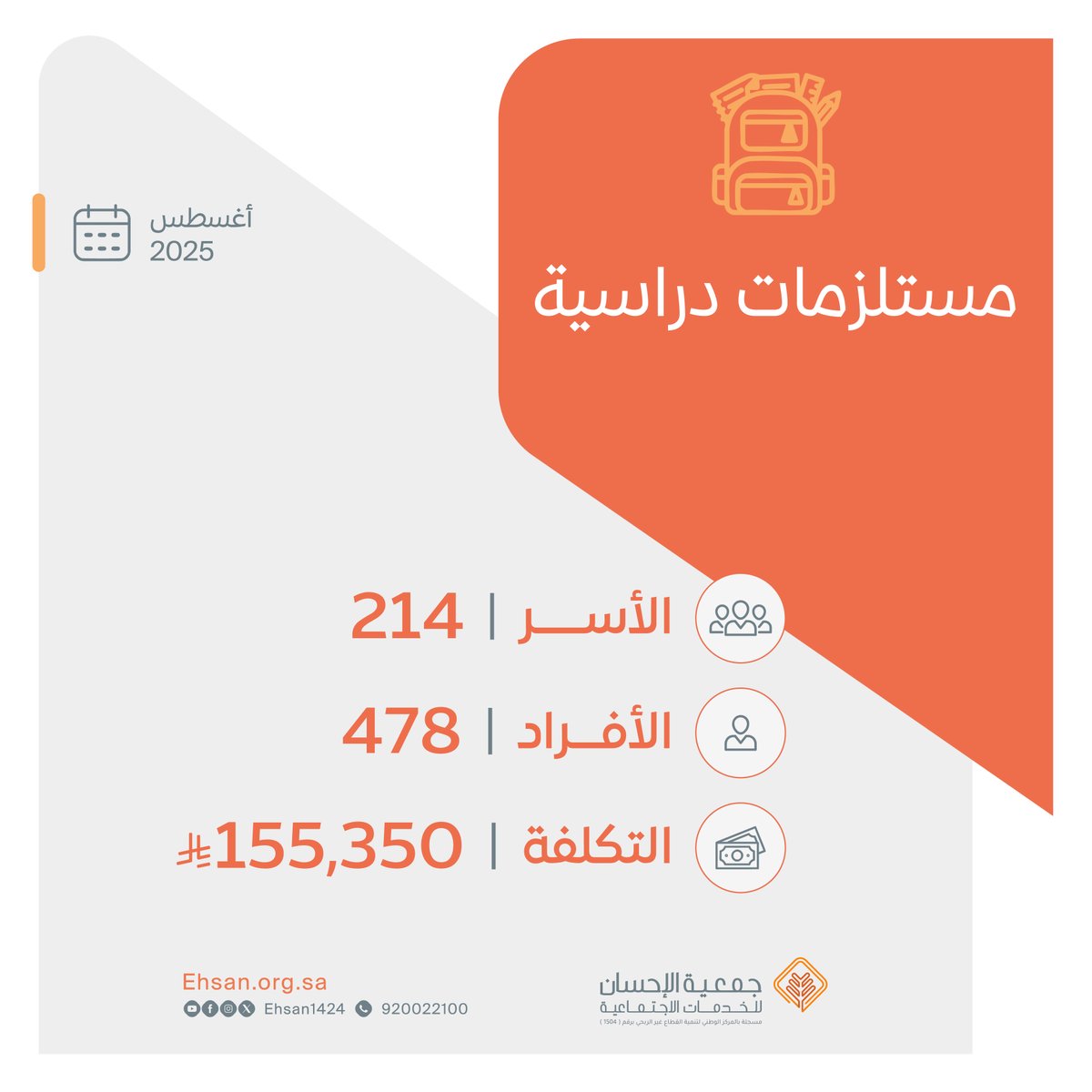 خبر |

لـ 478 طالبًا وطالبة تم صرف المستلزمات الدراسية، وهو ضمن مشاريع الجمعية يهدف إلى توفير اللوازم التعليمية الأساسية لطلاب وطالبات الأسر المكفولة من الجمعية.