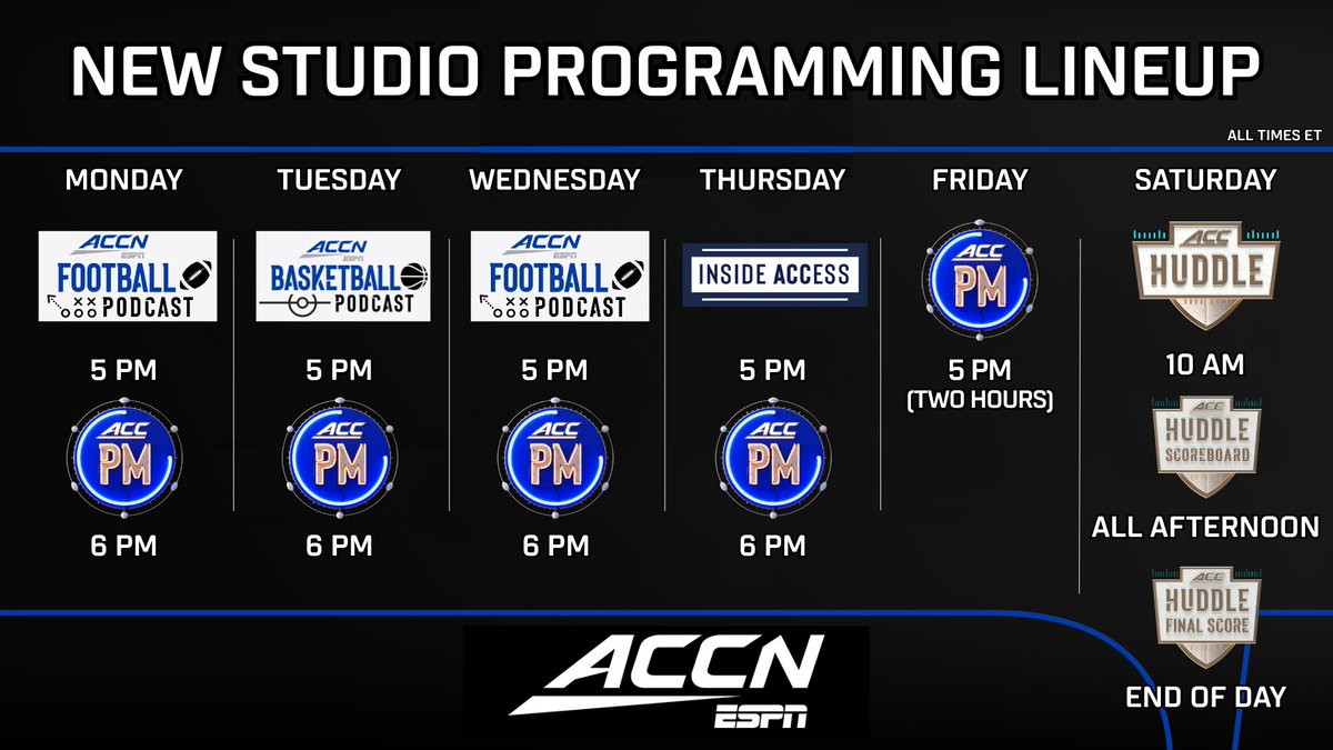 Today marks the start of <a href="/accnetwork/">ACC Network</a>'s new programming lineup...
🏈 5p ET: The ACCN Football Podcast debuts, featuring <a href="/RoddyJones20/">Roddy Jones</a> &amp; <a href="/EJManuel3/">EJ Manuel</a>
🏈 6p: New one-hour ACC PM originates from Bristol w/ <a href="/TaylorTannebaum/">Taylor Tannebaum</a> hosting, joined by <a href="/CoachClawson/">Dave Clawson</a> &amp; <a href="/TomLuginbill/">Tom Luginbill 🇺🇸 🏈</a>