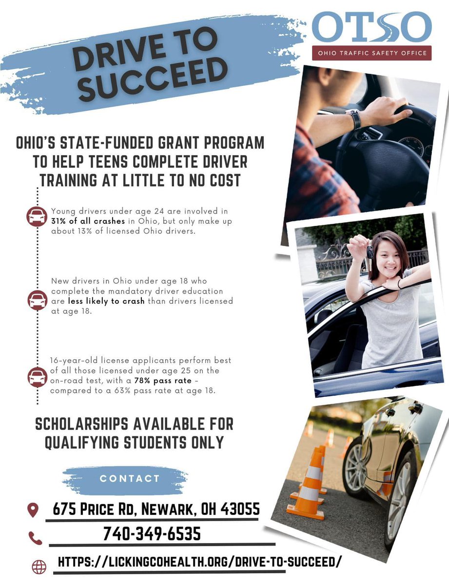 Drive to Succeed is a state-funded grant program intended to help teens complete their driving training at little to no cost. Visit our website with the link below to find a copy of the application and eligibility requirements.  lickingcohealth.org/drive-to-succe…