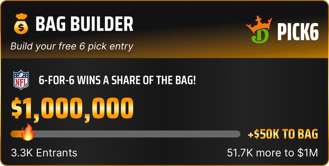 SlickNative's tweet image. I just entered the Pick6 Bag Builder! Opt-in and enter for your free shot to split the $1M bag! pick6.draftkings.com/s/slicknative/…