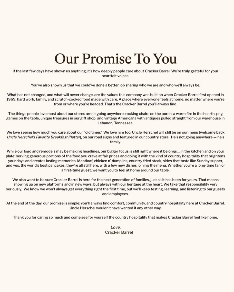 bennyjohnson's tweet image. 🚨BREAKING: Cracker Barrel issues official statement after major backlash over its rebrand: 

“You've shown us that we could've done a better job.”

“If the last few days have shown us anything, it's how deeply people care about Cracker Barrel. We're truly grateful for your…