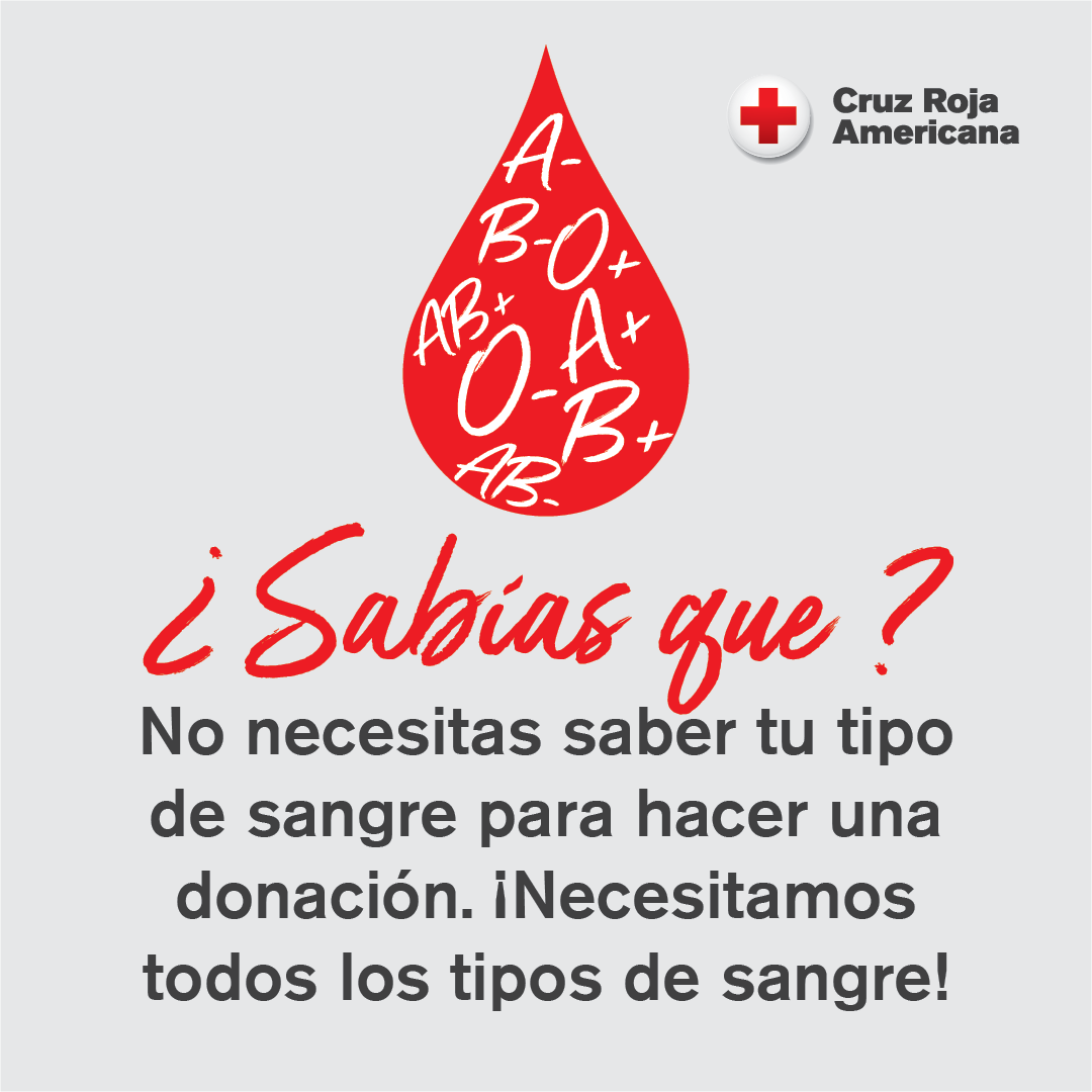La Cruz Roja te recuerda que no importa tu tipo de sangre, ¡puedes dar el regalo de vida! Programa tu cita para donar sangre en RedCrossBlood.org/espanol. Tu donación puede hacer la diferencia.