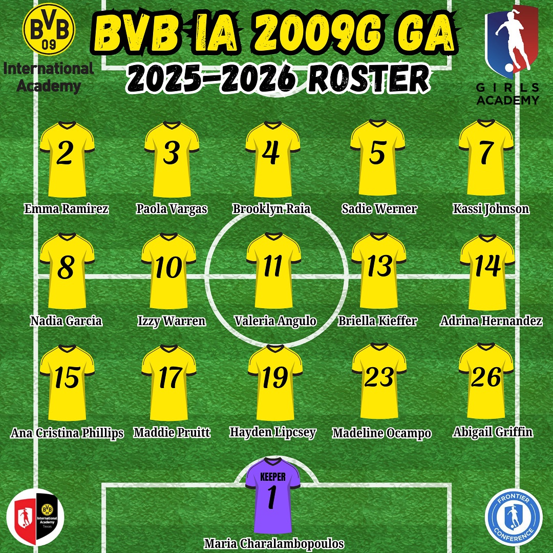 Our roster for the 2025-2026 season. Let’s go BVB! 🖤💛 <a href="/GAcademyLeague/">Girls Academy</a> <a href="/ImYouthSoccer/">ECNL/GA/Recruiting/College Soccer</a> <a href="/ImCollegeSoccer/">College Soccer Truth ™</a> <a href="/TopDrawerSoccer/">TopDrawerSoccer</a> <a href="/PrepSoccer/">Prep Soccer ⚽️</a> <a href="/PrepSoccerTX/">Prep Soccer Texas</a> <a href="/bvbiaa/">BVB IA North Amercia</a> <a href="/bvbiantx/">BVB International Academy North Texas</a> #bvb09gga #soccer #girlsacademyleague