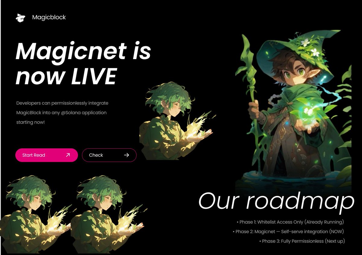 Tweet 1 
🪄 Big news: Magicnet is live.

From today, developers can directly plug MagicBlock into any @Solana app — no gates, no waiting.
The real-time Solana era just leveled up. 🧵👇

Tweet 2
Our rollout isn’t a leap of faith — it’s a staged expansion:

🔹 Phase 1 →