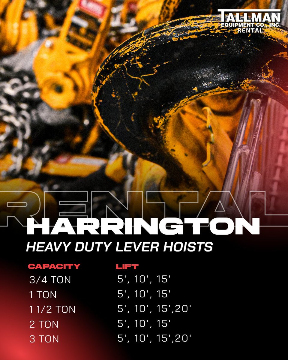 Harrington Heavy-Duty Lever Hoist

Tallman hoists handle any pull with ease. With capacities and chain lengths to fit your job, you're covered!

Contact us today to lock your rental in.

Click the link to start your rental⭐️
tallmanequipment.com/tallman-rental/

#TallmanEquipment  #Harrington