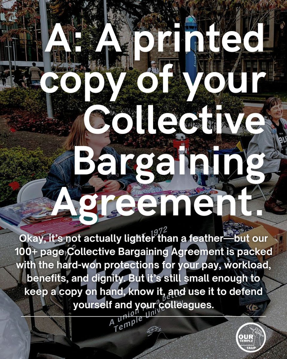 📘 Stop by our tabling this week to grab your own printed copy of our CBA
📍 Tabling Schedule (9:30am–2:30pm daily):
Mon 8/25: Gladfelter/Mazur, SERC
Tue 8/26: Gladfelter/Mazur, Engineering
Wed 8/27: Alter Hall (Fox), Tyler
Thu 8/28: Ritter Annex, Weiss
