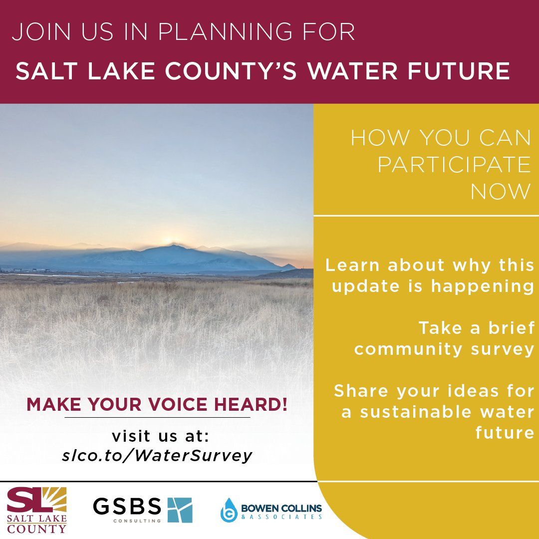 Salt Lake County is updating its General Plan to support long-term water conservation! 

Your input matters, so join us developing growth goals around smarter development, efficient landscaping, and sustainable growth. 💧🌳

Take the survey today: slco.to/WaterSurvey.