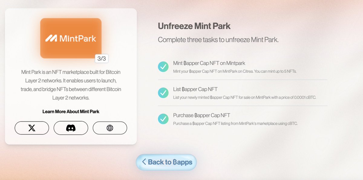 Citrea Mint Park Guide --&gt;

➡️ Mint ₿apper Cap NFT on Mintpark - click on the link and directly Mint the NFT ( easy task - suggestion mint 5 to 10 as back NFT )

➡️ List ₿apper Cap NFT - go to Mint Park site and navigate to profile and check your assets.
you will be able to see