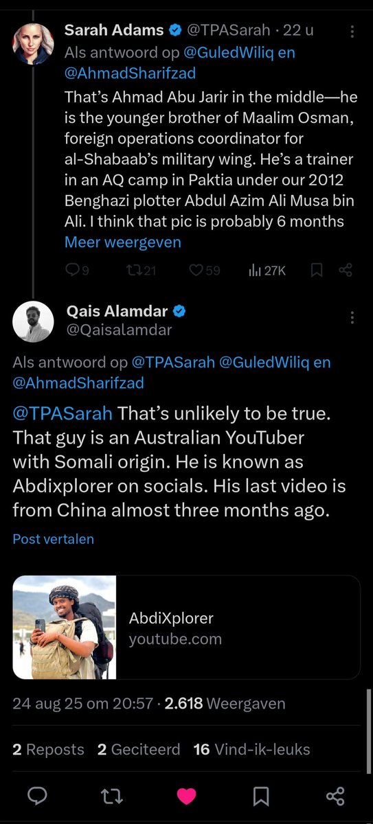 Je verzint het niet... <a href="/TPASarah/">Sarah Adams</a> de wannabe Carrie Mathison en BFF van <a href="/cyberpionier/">Guido</a> 🤡 dacht even een Al-Shabaab kopstuk te hebben geïdentificeerd…

In werkelijkheid is het gewoon AbdiXplorer, een Australische reisvlogger 🤦🏻

youtube.com/@abdixplorer?s…