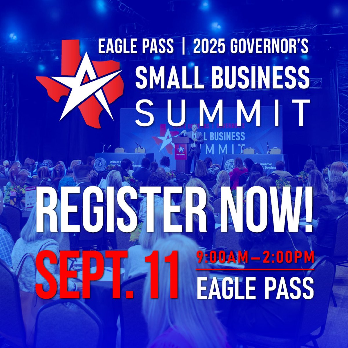 South Texas 👋
Take your business to new heights — register today for the Governor’s #SmallBusinessSummit in Eagle Pass! Hear from industry experts, network and connect with fellow small business owners and resource providers, snap a free headshot and more!

Visit