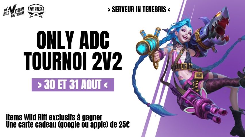 Tournoi 2v2 ADC
📅 30 et 31 août
🔔 À partir de 20H
🏆 Items WR Exclusifs ! 
💶 Carte cadeau 25€ (google / apple)
🇫🇷 Pour les joueurs France Benelux et Suisse.
Supporté par <a href="/wildriftfrance/">Wild Rift Communauté FR</a> !

#wildriftfrance
avoir plus d'informations et/ou s'inscrire : discord.com/invite/zAW3vkf…