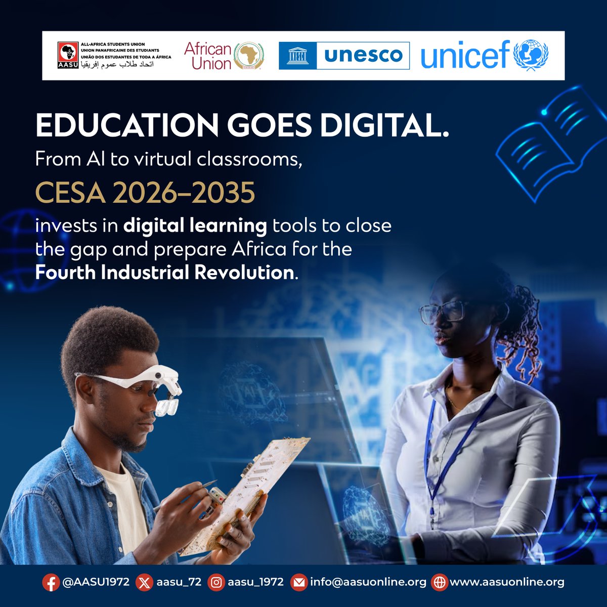 The All-Africa Student Union (AASU), the premier voice of African students, is proud to be at the forefront of the digital education revolution! We're actively working to make the vision of the Continental Education Strategy for Africa (CESA) 2026-2035 a reality.