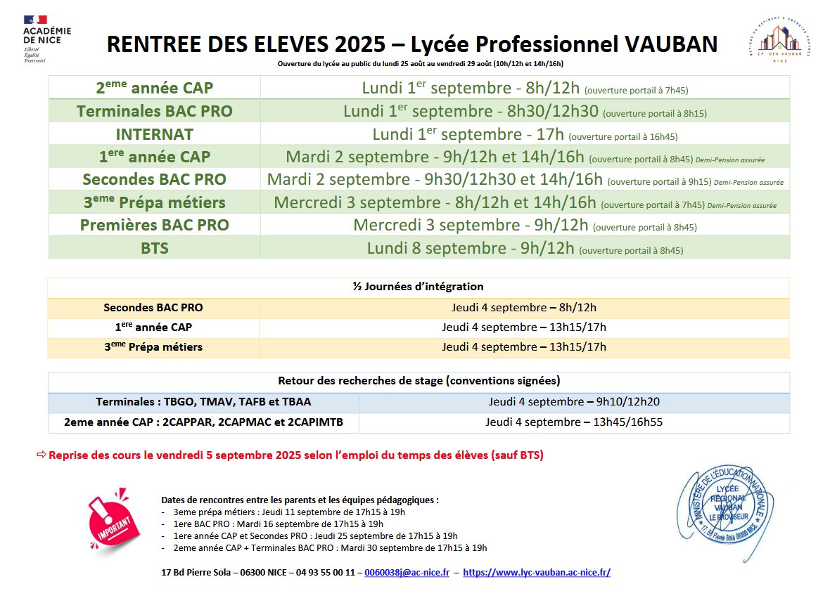 Les dates de rentrée de l'année scolaire 2025-2026 du lycée professionnel VAUBAN !