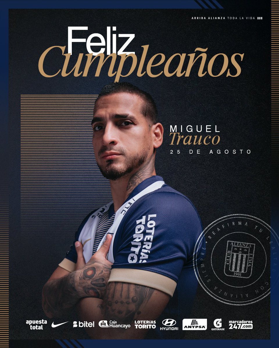 ClubALoficial's tweet photo. ¡𝐅𝐞𝐥𝐢𝐳 𝐜𝐮𝐦𝐩𝐥𝐞𝐚𝐧̃𝐨𝐬, 𝐌𝐢𝐠𝐮𝐞𝐥! 👏🏾

Hoy celebramos el cumpleaños de nuestro jugador blanquiazul, Miguel Trauco. 

¡𝐹𝑒𝑙𝑖𝑐𝑖𝑑𝑎𝑑𝑒𝑠! 🥳

#ConAlianzaSiempre
#AlianzaLima
#VamosPorMás https://t.co/mdNi5VgltW