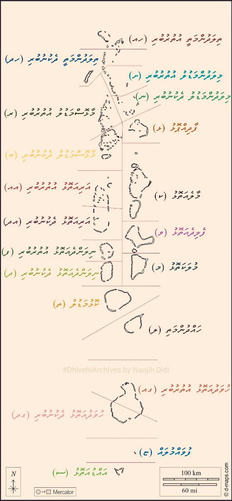 NaajihDidi's tweet photo. #DhivehiArchives 
ދިވެހިރާއްޖޭގެ އަތޮޅުތަކުގެ ނަންތައް އެނގޭތަ؟

ދިވެހިރާއްޖޭގެ އަތޮޅުތަކުގެ ނަންތައް މިޒަމާނުގެ ވަރަށް ގިނަ މީހުންނަށް، ނުވަތަ މި ޒަމާނުގެ ގިނަ ޒުވާނުންނަށް ނޭނގޭހެން ހީވާތީ އެމީހުންނަށް ބުނެދޭނަމެވެ. ހއ، ހދ، ށ، ނ، ރ، ބ، ޅ، ކ، އއ، އދ، ވ، މ، ފ، ދ، ތ، ލ، ގއ، ގދ، ޏ އަދި ސ، މިއީ އަތޮޅުތަކުގެ ނަންތަކޭ ހީވިޔަސް މިއީ އަތޮޅުތަކުގެ ނަންތަކެއް ނޫނެވެ. މިއީ އަތޮޅުތަކަށް އިދާރީ ގޮތުން ދީފައިވާ އަކުރުތަކެކެވެ. ތާނައިގެ އަކުރުތަކެކެވެ. މިއަކުރުތައް ދީފައިވަނީ އުތުރުން ފެށިގެން ދެކުނަށް ތާނައިގެ އަކުރުތަކުގެ ތަރުތީބުންނެވެ. އެއީ ހ އިން ސ އަށެވެ. މި އަކުރުތައް ދިން އިރު ދިވެހިރާއްޖޭގެ އިދާރީ އަތޮޅުތަކުގެ އަދަދަކީ 17 އެވެ. އިދާރީ އަތޮޅުތަކުގެ އަދަދު 20 އަށް ވީ، ފަހުންނެވެ. ހ އަކުރު ލިބުނު އިދާރީ އަތޮޅު ދެބައިކޮށް ދެ އަތޮޅަށް ވުމުން ހއ އަދި ހދ އަށް ވީއެވެ. އެއީ ހ ގެ އުތުރުބުރިއާއި، ހ ގެ ދެކުނުބުރިއެވެ. ހަމަ އެގޮތަށް އ ވެސް ދެބުރިކުރީމަ އއ (އ ގެ އުތުރުބުރި) އާއި އދ (އ ގެ ދެކުނުބުރި) އަށް ވީއެވެ. ގ ވެސް ދެބުރި ކުރި ހިސާބުން ގއ (ގ ގެ އުތުރުބުރި) އާއި ގދ (ގ ގެ ދެކުނުބުރި) އަށް ވީއެވެ. 

ހއ އިން ފެށިގެން ސ އާ ހަމައަށް ތަރުތީބުން އެއަކުރުތައް ދީފައިވާ އަތޮޅުތަކުގެ އަސްލު ނަންތަކަކީ މިއީއެވެ.
1- ތިލަދުންމަތީ އުތުރުބުރި - ހއ
2ـ ތިލަދުންމަތީ ދެކުނުބުރި - ހދ
3- މިލަދުންމަޑުލު އުތުރުބުރި - ށ
4- މިލަދުންމަޑުލު ދެކުނުބުރި - ނ
5- މާޅޮސްމަޑުލު އުތުރުބުރި - ރ
6- މާޅޮސްމަޑުލު ދެކުނުބުރި - ބ
7- ފާދިއްޕޮޅު - ޅ
8- މާލެއަތޮޅު - ކ
9- އަރިއަތޮޅު އުތުރުބުރި - އއ
10- އަރިއަތޮޅު ދެކުނުބުރި - އދ
11- ފެލިދެއަތޮޅު - ވ
12- މުލަކަތޮޅު - މ
13- ނިލަންދެއަތޮޅު އުތުރުބުރި - ފ
14- ނިލަންދެއަތޮޅު ދެކުނުބުރި - ދ
15- ކޮޅުމަޑުލު - ތ
16- ހައްދުންމަތި - ލ
17- ހުވަދުއަތޮޅު އުތުރުބުރި - ގއ
18- ހުވަދުއަތޮޅު ދެކުނުބުރި - ގދ
19- ފުވައްމުލައް - ޏ
20- އައްޑުއަތޮޅު - ސ

ނޭނގުމަކީ މައްސަލައެއް ނޫނެވެ. ނޭނގެންޏާ ދަސްކުރާނީއެވެ.