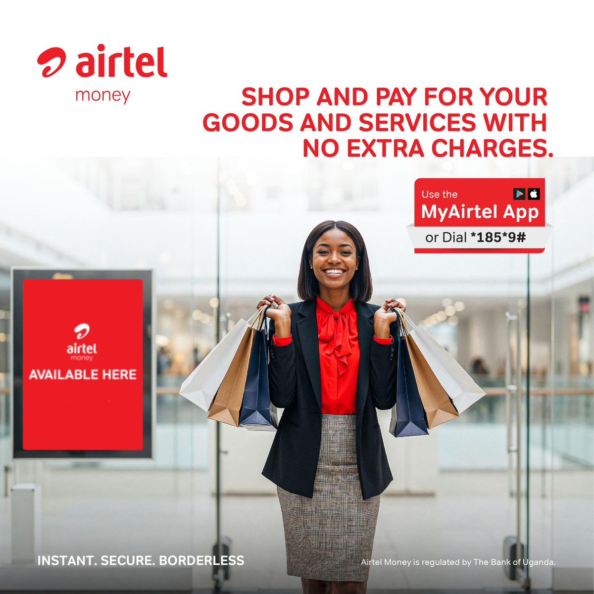 Enjoy zero extra charges on all payments for your goods and services when you use Airtel Money!

Dial *185*9# to get started

#PayWithAirtelMoney
