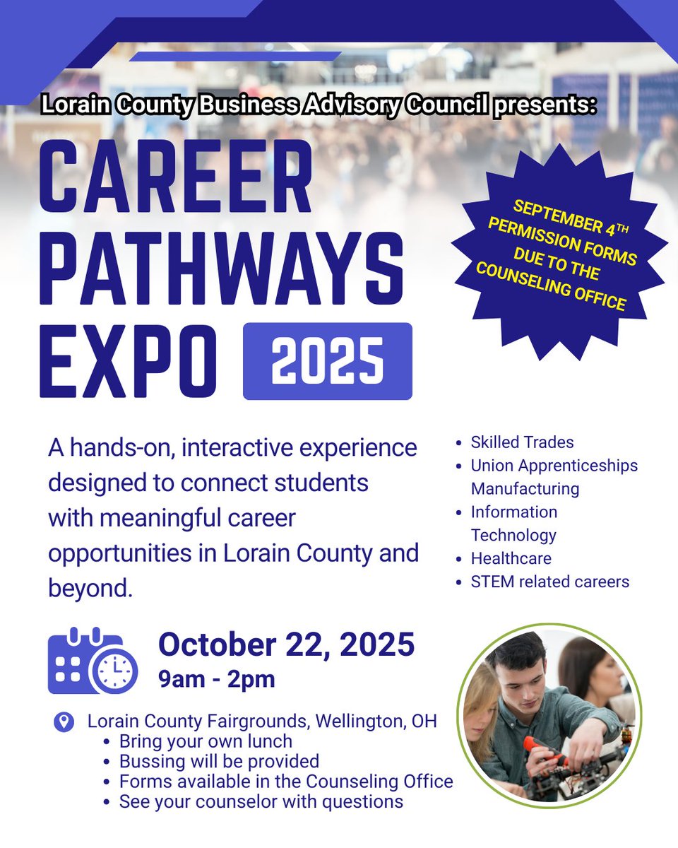 ALHSGuidance's tweet image. ⚠️COOL OPPORTUNITY ALERT!⚠️
Grades 9-12- please consider attending the first ever Career Pathways Expo at the Lorain County Fairgrounds. A great way for students to get hands-on experience, in a variety of careers. 
👉Permission Forms due to Counseling Office by 9/4.