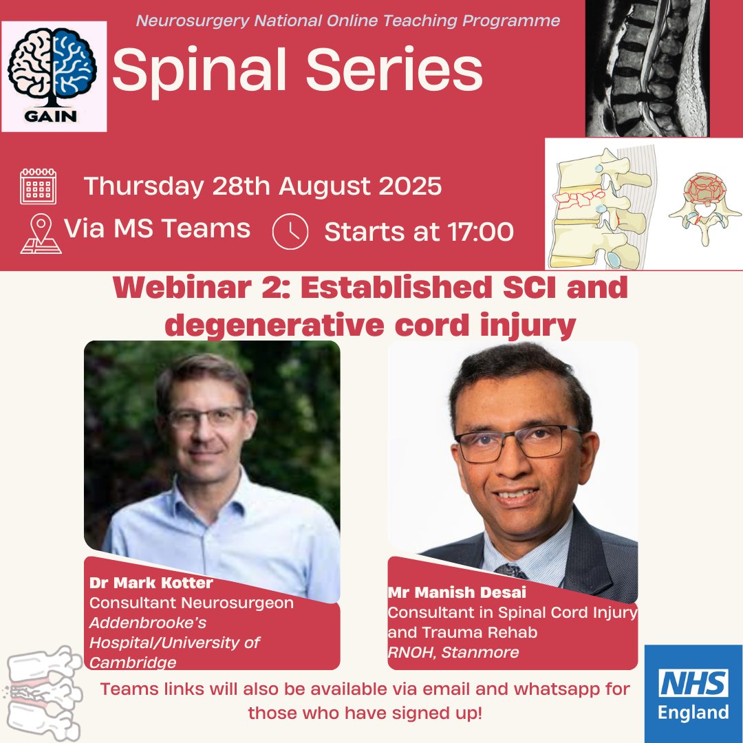 GAIN Program (@gainprogram) on Twitter photo Our Spinal webinar series continues this week!
Wednesday 27th sep: Traumatic spinal cord injury
Thursday 28th sep: Established SCI and degenerative c-spine
Amazing consultant speakers lined up <a href="/drtintin99/">Kevin Tsang</a> <a href="/MarkKotter/">Mark Kotter</a> 🧠🇬🇧🇮🇪 Our Spinal webinar series continues this week!
Wednesday 27th sep: Traumatic spinal cord injury
Thursday 28th sep: Established SCI and degenerative c-spine
Amazing consultant speakers lined up <a href="/drtintin99/">Kevin Tsang</a> <a href="/MarkKotter/">Mark Kotter</a> 🧠🇬🇧🇮🇪
