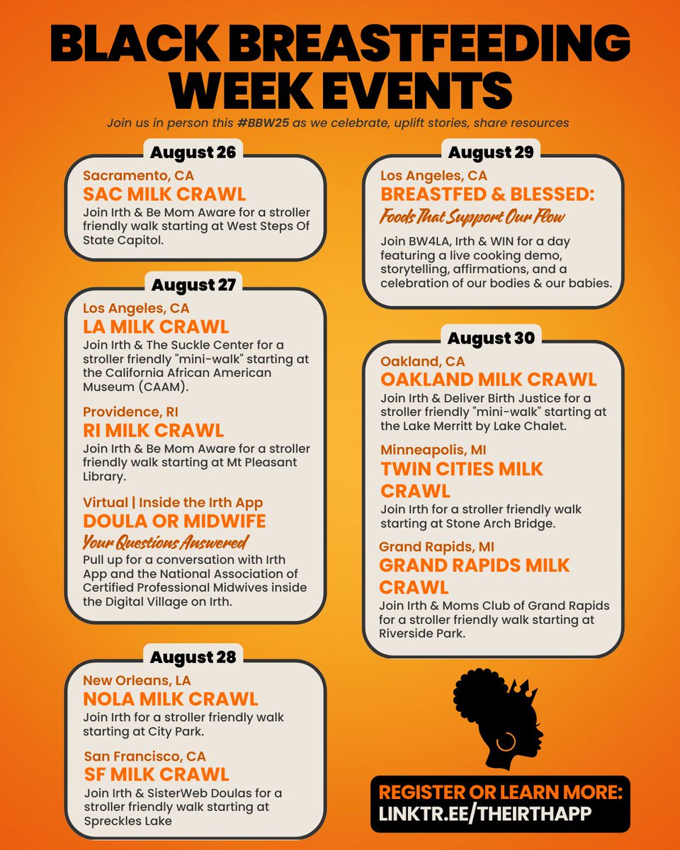 IrthApp's tweet photo. Black Breastfeeding Week 2025 is here! π€±πΎπ
And this year, our boots are on the ground ALL. WEEK. LONG. πͺπΎοΏ½οΏ½
π² Register or learn more: https://t.co/8xIBOryWMf
#BBW25 #BirthWithoutBias #BlackBreastfeedingWeek #MilkCrawl #IrthApp #DigitalVillage https://t.co/4JVbE1KHCb