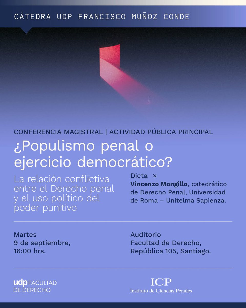 #DerechoUDP | El 9 de septiembre a las 16:00 se desarrollará una nueva conferencia de la Cátedra UDP Francisco Muñoz Conde: "Conferencia Magistral | Actividad pública principal ¿Populismo penal o ejercicio democrático?"🗓️

Te esperamos en el auditorio de la Facultad de Derecho📍